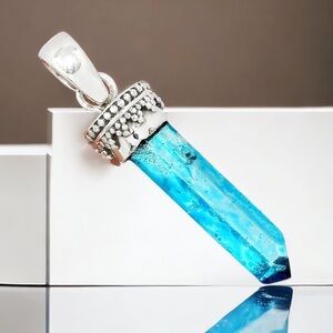 NEW Sterling Silver Aqua Aura Quartz Healing Crystal Pendant Necklace